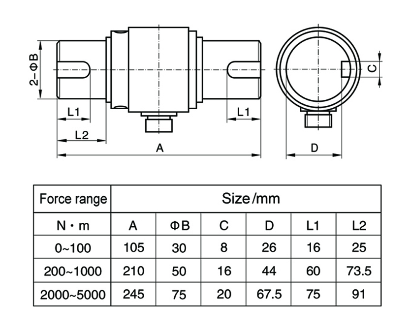 Desenho da dimensão do sensor estático de torque TJN-2